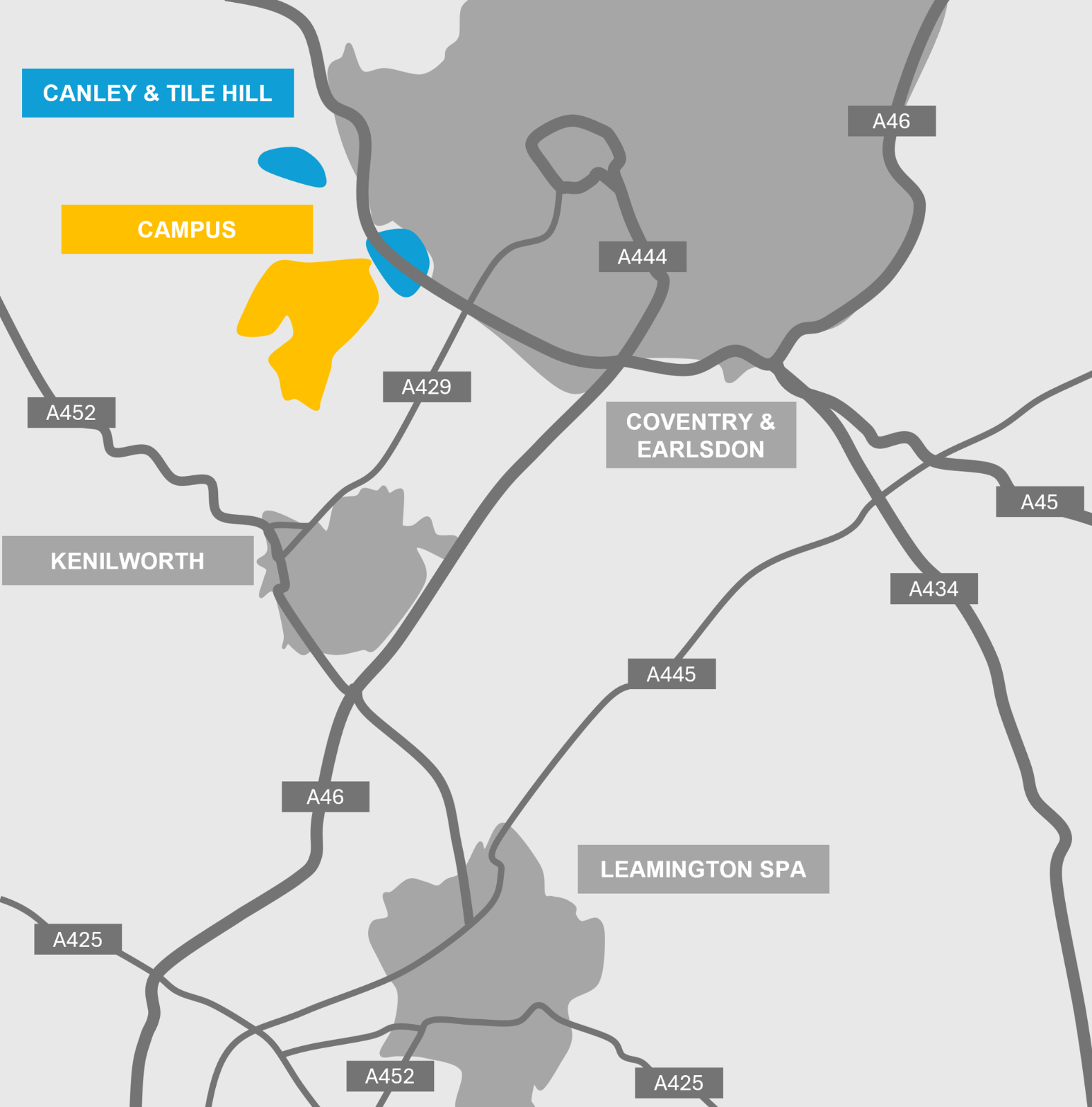 Map of local areas to reside in surrounding Warwick campus, with Canley and Tile Hill outlined in blue and campus outlined in yellow